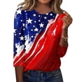 thumbnail image 1 of 4th of July Shirts Women 3/4 Sleeve T-Shirts Loose Red White and Blue Print Pullover Independence Day Patriotic Tops USA 250th Anniversary Celebration Party Crew Neck 1776-2026 Blouses Vermilion M, 1 of 5
