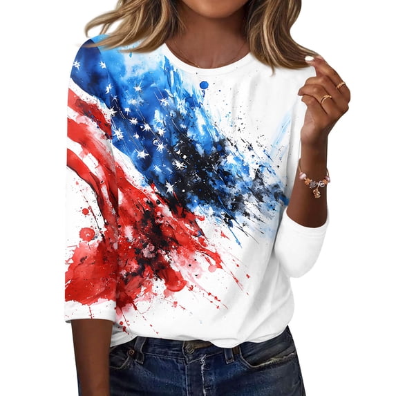 4th of July Shirts for Women 3/4 Sleeve Tshirts Casual Red White and Blue Print Tops Independence Day Patriotic Pullover USA 250th Anniversary Celebration Party Crew Neck Blouses White M