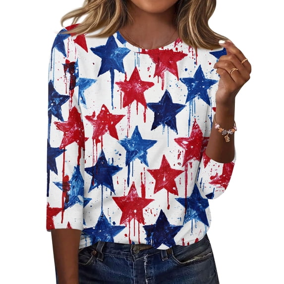 4th of July Shirts Women 3/4 Sleeve Tshirts Casual USA Flag Print Tops Independence Day Patriotic Pullover USA 250th Anniversary Celebration Party Round Neck 1776-2026 Blouses Watermelon Red 2XL