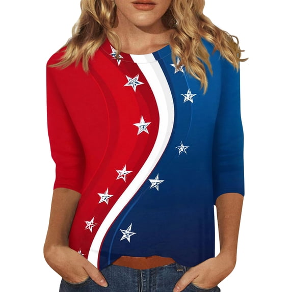 4th of July Shirts Women Casual 3/4 Sleeve American Flag Print T-Shirts Round Neck Independence Day Patriotic Pullover USA 250th Anniversary Celebration Party 1776-2026 Blouses, S