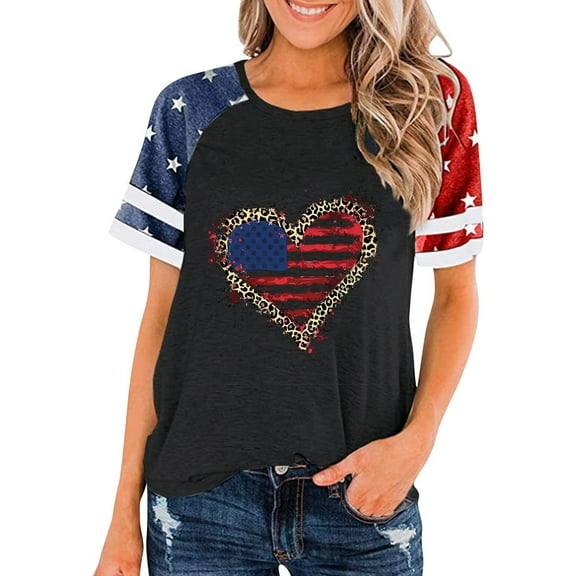 4th of July Shirts Women Fourth of July Shirt Red White and Blue Shirts for Women Womens Red White and Blue Tops Women's Crew-Neck Gradient Short-Sleeved Pleated Loose Shirts Blouse