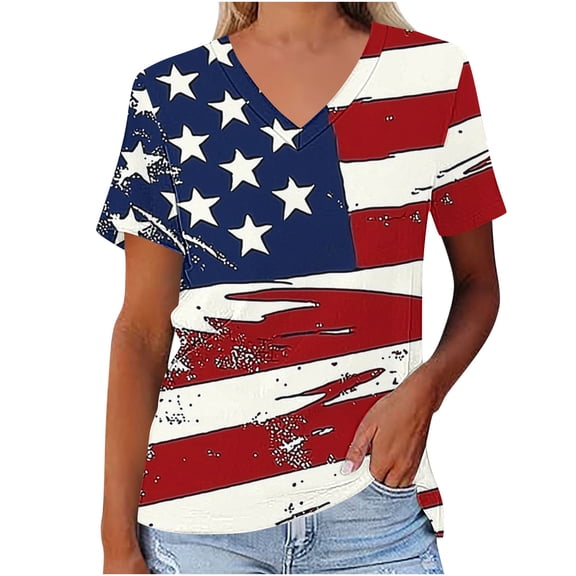 4th of July Shirts for Women Oversized America Flag V Neck T Shirt Casual Loose Fit Short Sleeve Tunic Tops Teen Girls Fashion USA Flag Stars Stripes Graphic T-Shirts Memorial Day Patriotic Outfits