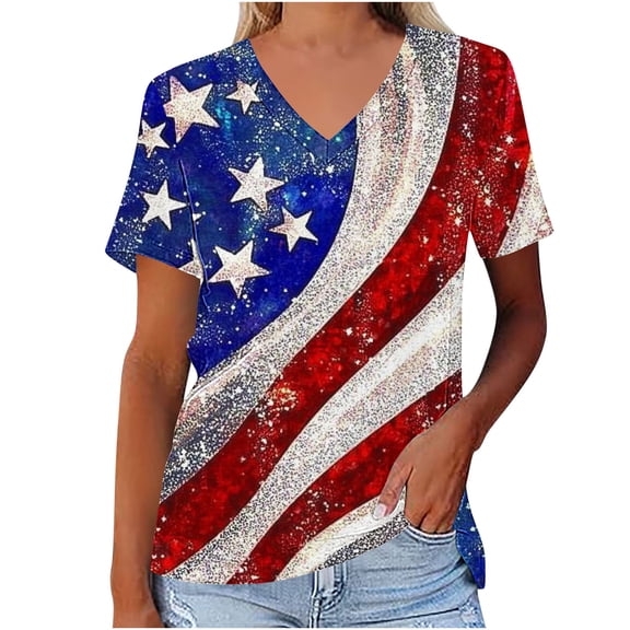 4th of July Shirts for Women Oversized America Flag V Neck T Shirt Casual Loose Fit Short Sleeve Tunic Tops Teen Girls Fashion USA Flag Stars Stripes Graphic T-Shirts Memorial Day Patriotic Outfits