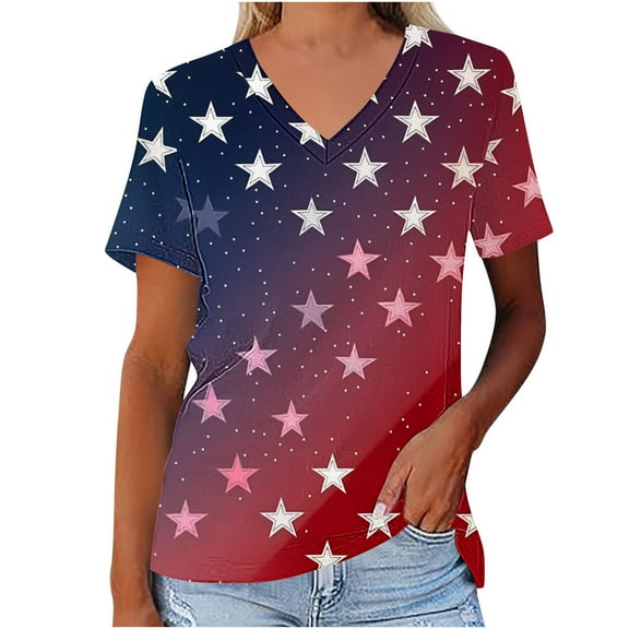 4th of July Shirts for Women Oversized America Flag V Neck T Shirt Casual Loose Fit Short Sleeve Tunic Tops Teen Girls Fashion USA Flag Stars Stripes Graphic T-Shirts Memorial Day Patriotic Outfits