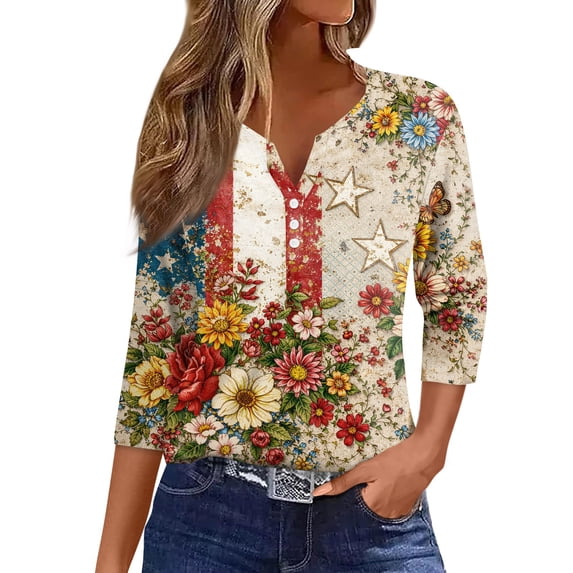 4th of July Shirts for Women Plus Size 3/4 Sleeve T-Shirts Casual American Flag Print Pullover Independence Day Patriotic Tops USA 250th Anniversary Celebration Party V Neck Blouses Multicolor S