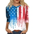 thumbnail image 1 of 4th of July Shirts for Women Plus Size 3/4 Sleeve T-Shirts Casual American Flag Print Tops Independence Day Patriotic Pullover USA 250th Anniversary Celebration Party Crew Neck Blouses Light Blue 2XL, 1 of 4