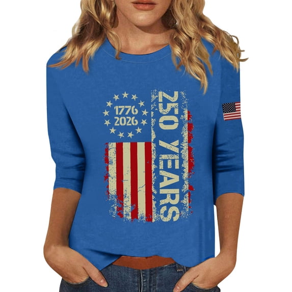 4th of July Shirts Women Plus Size 3/4 Sleeve Tshirts Casual American Flag Print Pullover USA 250th Anniversary Celebration Party Tops Independence Day Patriotic Round Neck 1776-2026 Blouses Blue M