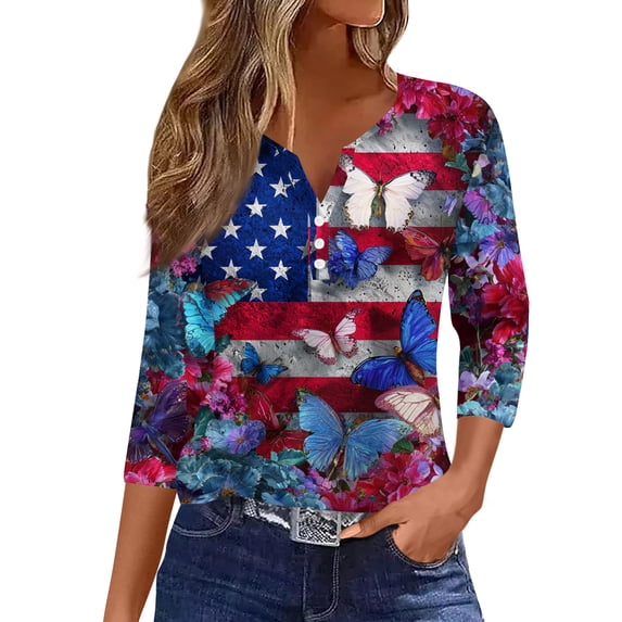 4th of July Shirts for Women Plus Size 3/4 Sleeve Tshirts Casual Red White and Blue Print Pullover Independence Day Patriotic Tops USA 250th Anniversary Celebration Party V Neck Blouses Red L