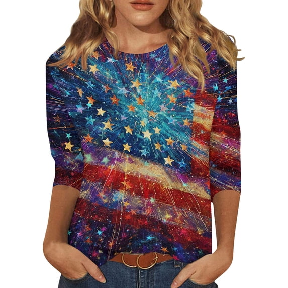 4th of July Shirts for Women Plus Size 3/4 Sleeve Tshirts Loose American Flag Print Pullover Independence Day Patriotic Tops USA 250th Anniversary Celebration Party Crew Neck Blouses Dark Blue 3XL