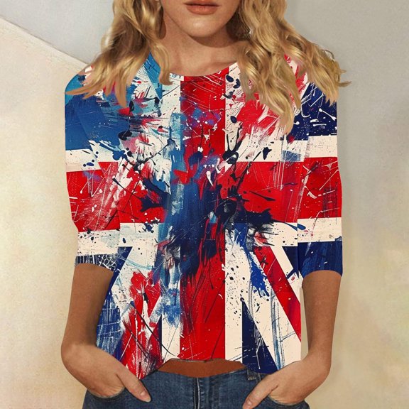 4th of July Shirts for Women Red White and Blue Blouse for Women Red White and Blue T Shirts Red White and Blue Top 4th of July Womens Tee Women's Pullover Printed Casual Round Neck 3/4 Sleeve Top