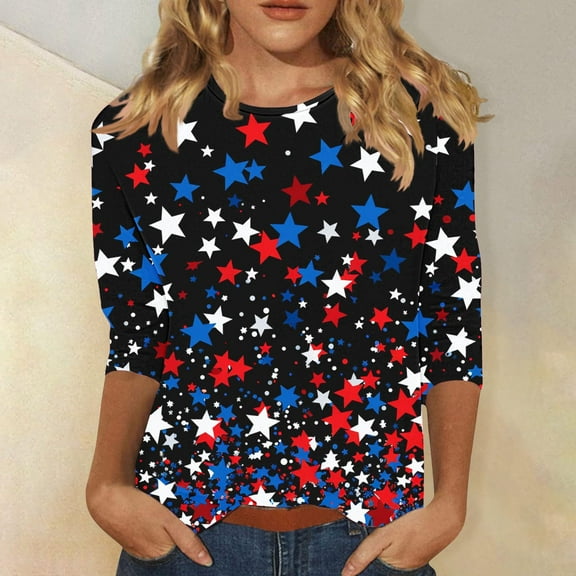 4th of July Shirts for Women Red White and Blue Blouse for Women Red White and Blue T Shirts Red White and Blue Top 4th of July Womens Tee Women's Pullover Printed Casual Round Neck 3/4 Sleeve Top