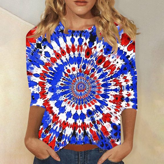 4th of July Shirts for Women Red White and Blue Blouse for Women Red White and Blue T Shirts Red White and Blue Top 4th of July Womens Tee Women's Pullover Printed Casual Round Neck 3/4 Sleeve Top