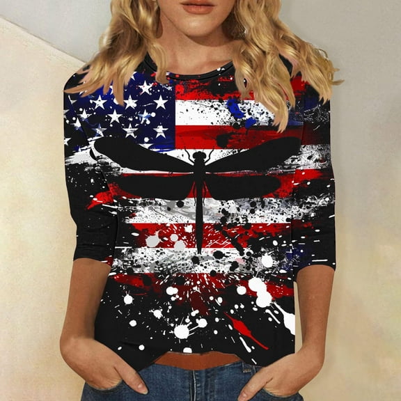 4th of July Shirts Women Red White and Blue Womens Blouse Independence Day T Shirts American Flag Top 4th of July Women Tee Fashionable Women's Pullover Printed Casual Round Neck 3/4 Sleeve Top