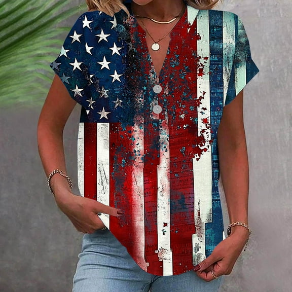4th of July Shirts for Women Womens Fourth of July Shirt Red White and Blue Shirts Women 4th of July Tees Women Fashion Casual Printed Short Sleeve Button Home V-Neck T-Shirt Blouses