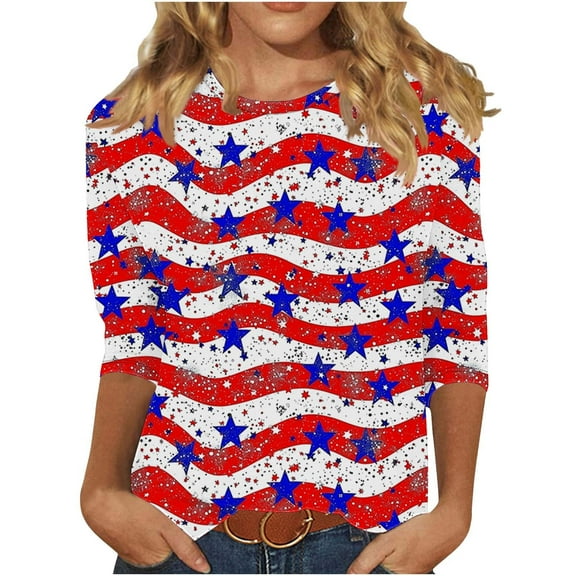 4th of July Shirts for Womens 2025 Fashion American Flag Graphic Tees Independence Day Cute Patriotic T-Shirts Gradient USA Flag Star Stripes Print Tunic 3/4 Sleeve Plus Size Tshirts Comfy Outfits