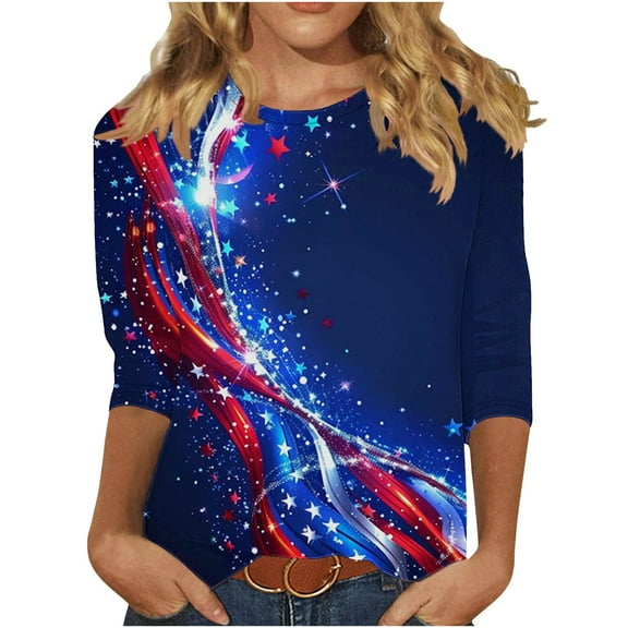 4th of July Shirts for Womens 2025 Fashion American Flag Graphic Tees Independence Day Cute Patriotic T-Shirts Gradient USA Flag Star Stripes Print Tunic 3/4 Sleeve Plus Size Tshirts Comfy Outfits