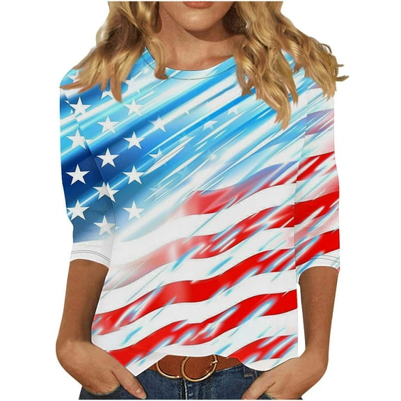 4th of July Shirts for Womens 2025 Fashion American Flag Graphic Tees Independence Day Cute Patriotic T-Shirts Gradient USA Flag Star Stripes Print Tunic 3/4 Sleeve Plus Size Tshirts Comfy Outfits