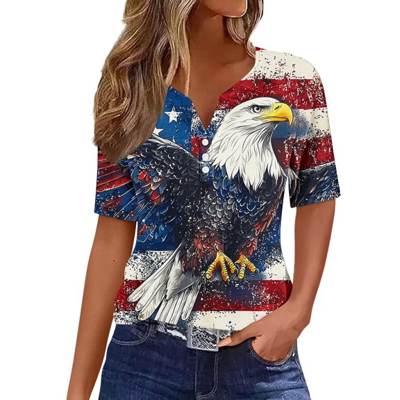 4th of July Shirts for Womens Fashion American Flag Graphic Tees Tops Dressy Henley V Neck Button-up Blouses Short Sleeve Tunic Tops Glitter Stars Striped USA Flag Tshirts Summer Casual Tops