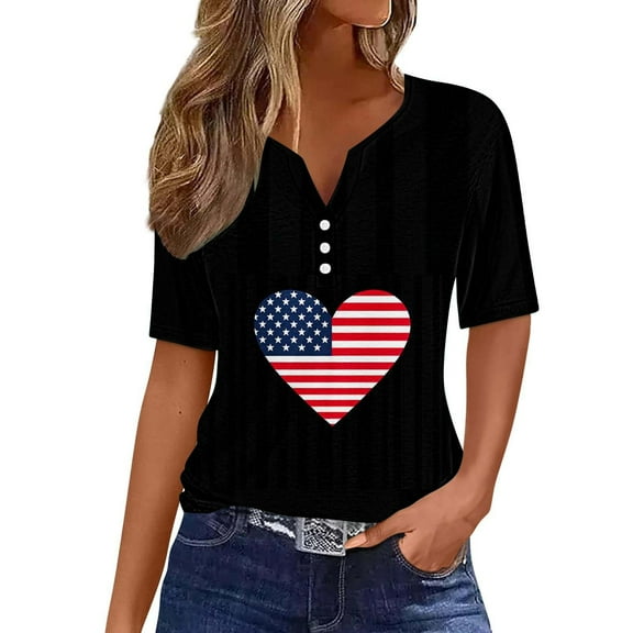 4th of July Shirts for Womens Fashion American Flag Graphic Tees Tops Dressy Henley V Neck Button-up Blouses Short Sleeve Tunic Tops Glitter Stars Striped USA Flag Tshirts Summer Casual Tops