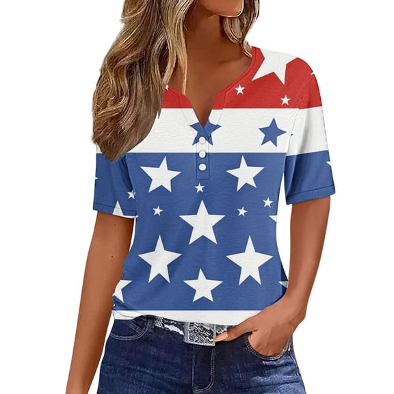 4th of July Shirts for Womens Fashion American Flag Graphic Tees Tops Dressy Henley V Neck Button-up Blouses Short Sleeve Tunic Tops Glitter Stars Striped USA Flag Tshirts Summer Casual Tops
