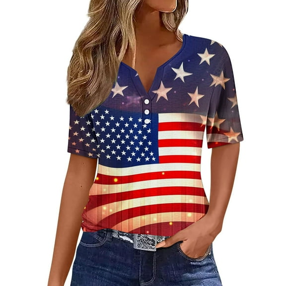 4th of July Shirts for Womens Fashion American Flag Graphic Tees Tops Dressy Henley V Neck Button-up Blouses Short Sleeve Tunic Tops Glitter Stars Striped USA Flag Tshirts Summer Casual Tops