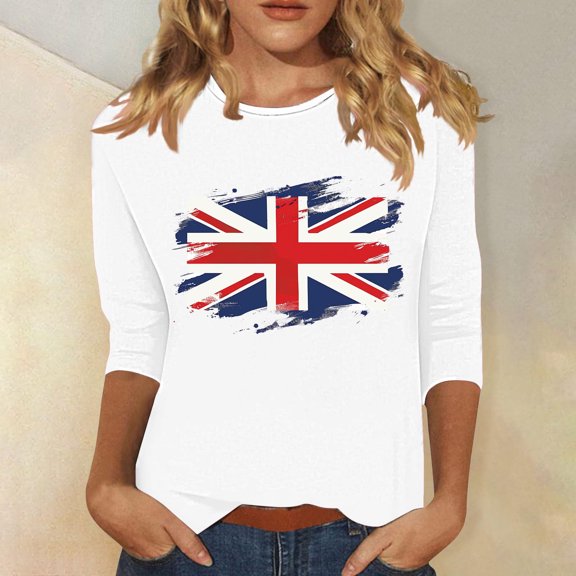 4th of July Shirts Womens Red White and Blue Blouses Memorial Day T Shirt for Women 4th of July Top Womens 4th of July Tee Fashionable Women's Pullover Printed Casual Round Neck 3/4 Sleeve Top