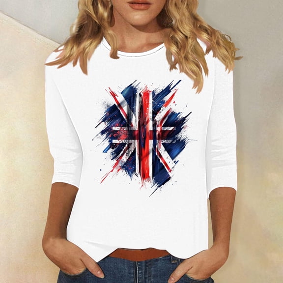 4th of July Shirts Womens Red White and Blue Blouses Memorial Day T Shirt for Women 4th of July Top Womens 4th of July Tee Fashionable Women's Pullover Printed Casual Round Neck 3/4 Sleeve Top