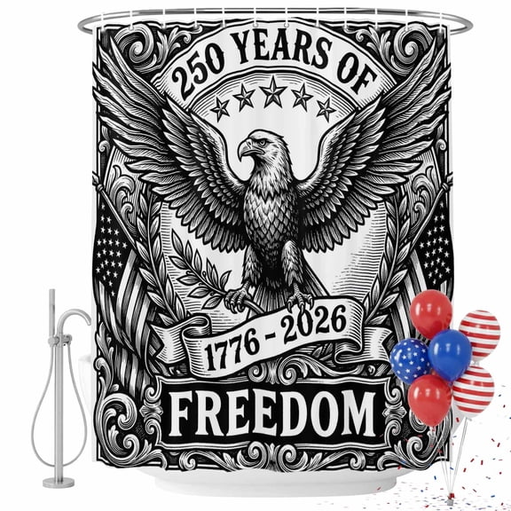 4th of July Shower Curtain 250 Years of Freedom Bathroom Curtains with Hooks, Waterproof Fabric Black USA Flag Eagle Bath Shower Curtains Set for Bathroom Bathtubs Independence Day Decor 36x72 Inch