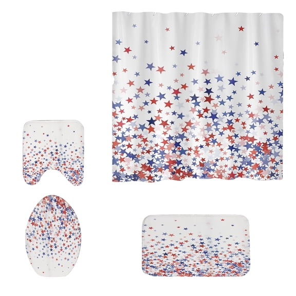 4th of July Shower Curtain 4PC Set - Waterproof Red White Blue Patriotic Bathroom Curtain, American Flag Stars & Stripes Independence Day Decor with Rust Proof Hooks(MulticolorB)