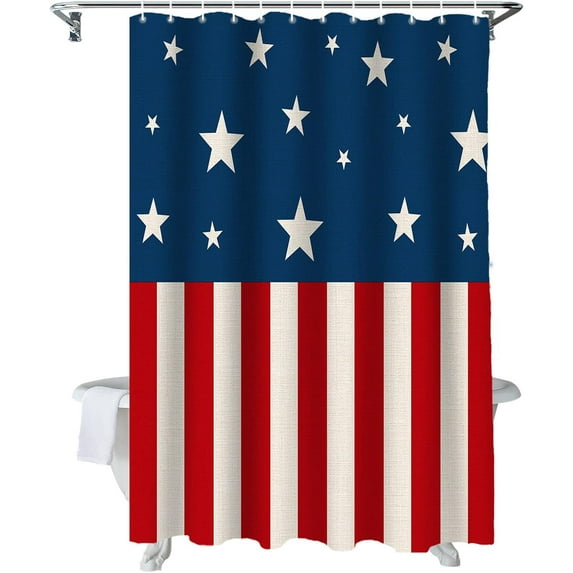4th of July Shower Curtain American Stars Flag Bathroom Curtains with Hooks, Waterproof Fabric Stripes Patriotic Independence Day Shower Curtains Set for Bathroom Bathtubs Holiday Decor Gift 72x72