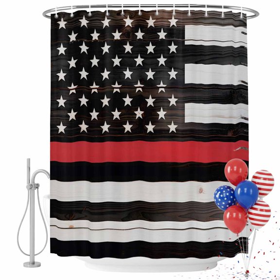4th of July Shower Curtain American USA Flag Bathroom Curtains with Hooks, Waterproof Red Lines Stripe Rustic Wood Firefighter Bath Shower Curtains Set for Bathroom Bathtubs Independence Day 72x72