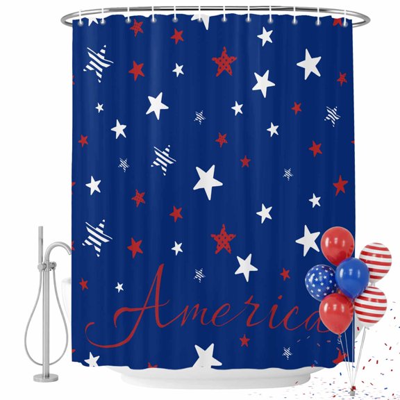4th of July Shower Curtain Blue Patriotic Star Stripes Bathroom Curtains with Hooks, Waterproof Freedom America Bath Shower Curtains Set for Bathroom Bathtubs Independence Day Decor 36x72 Inch