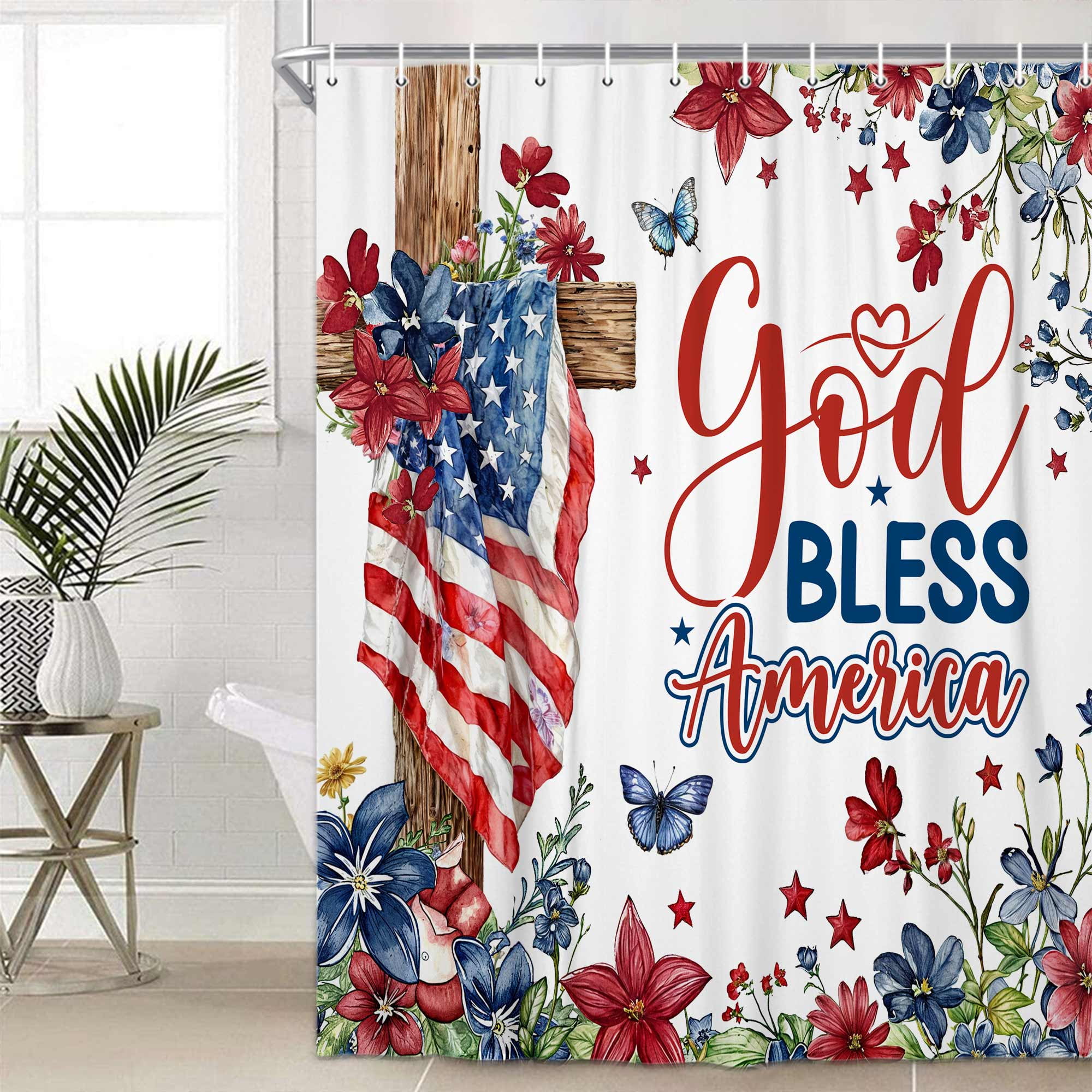4th of July Shower Curtain, God Bless America Flower Cross Flag Star Patriotic Bathroom Curtains, Red Blue Independence Bathroom Waterproof Fabric Shower Curtains Set with Hooks, 47X64in