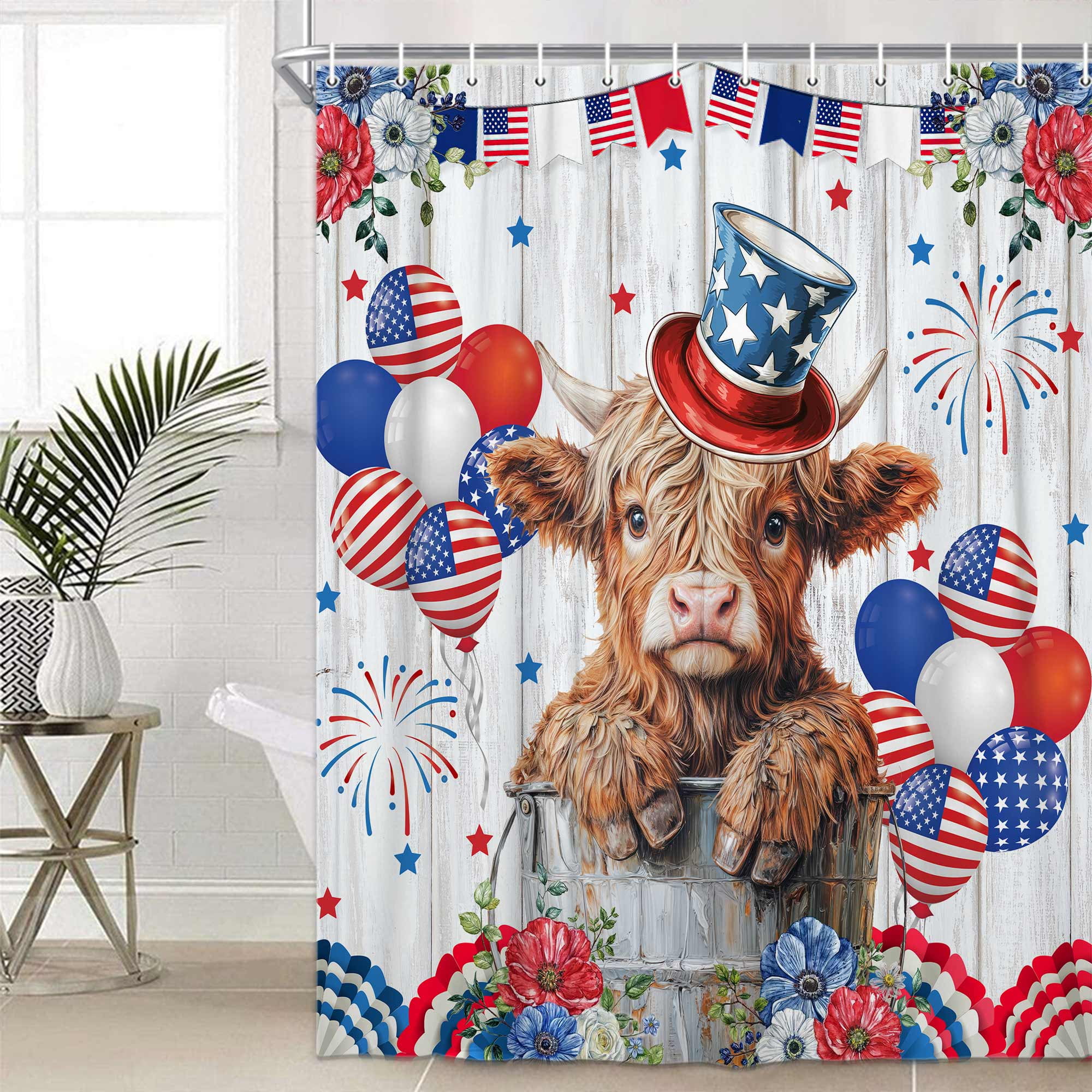 4th of July Shower Curtain, Highland Cow Red Blue Floral American Flag Independence Bathroom Decor, Rustic Waterproof Fabric Shower Curtain Set for Home Decor with Hooks, 70X85in