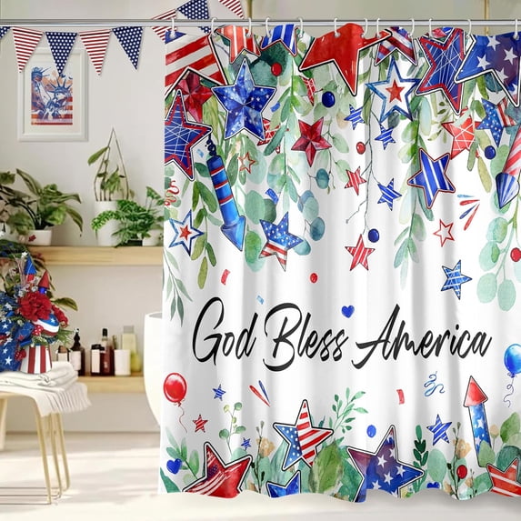 4th of July Shower Curtain, Independence Day Shower Curtains for Bathroom, Patriotic Farmhouse Holiday Bathroom Home Decor, Waterproof Fabric with Hooks 72X72 Inch