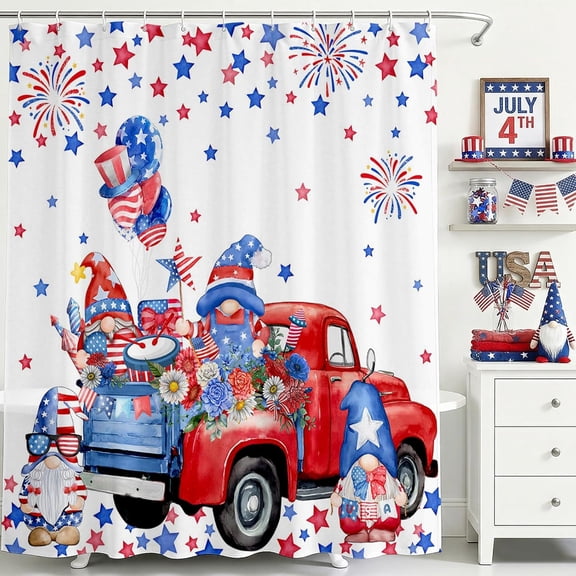 4th of July Shower Curtain Independence Day Truck Gnome Bathroom Shower Curtain 4th of July Freedom Patriotic Star Waterproof Fabric Shower Curtains Bathtub Decor with 12 Hooks 72 X 72 Inch