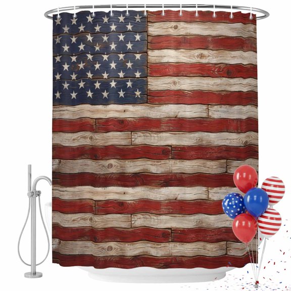 4th of July Shower Curtain Patriotic American Flag Bathroom Curtains with Hooks, Waterproof Fabric Retro Wood Plank Bath Shower Curtains Set for Bathroom Bathtubs Independence Day Decor 36x72 Inch