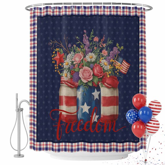 4th of July Shower Curtain Patriotic American Flag Bathroom Curtains with Hooks, Waterproof Floral Vase Star Freedom Bath Shower Curtains Set for Bathroom Bathtubs Independence Day Decor 36x72 Inch