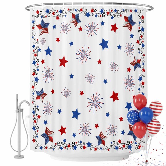 4th of July Shower Curtain Patriotic American Flag Bathroom Curtains with Hooks, Waterproof Stars Freedom Fireworks Bath Shower Curtains Set for Bathroom Bathtubs Independence Day Decor 36x72 Inch
