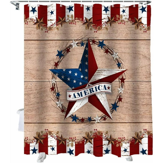 4th of July Shower Curtain Patriotic Stars American Wreath Bathroom Curtains with Hooks, Waterproof Fabric Rustic Vintage Wood Grain Independence Day Shower Curtains Set for Bathroom Bathtubs 72x72