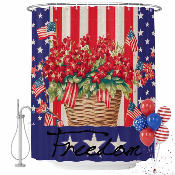 4th of July Shower Curtain Patriotic Stars Stripes Bathroom Curtains with Hooks, Waterproof USA Flag Flower Freedom Bath Shower Curtains Set for Bathroom Bathtubs Independence Day Decor 36x72 Inch