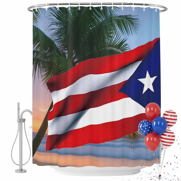 4th of July Shower Curtain Puerto Rico Flag Bathroom Curtains with Hooks, Waterproof Fabric Beach Coco Palm Tree Bath Shower Curtains Set for Bathroom Bathtubs Independence Day Decor 36x72 Inch