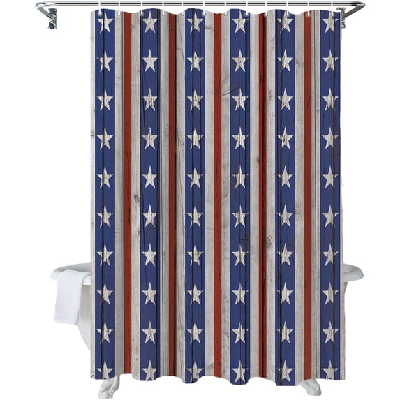 4th of July Shower Curtain Red Blue Stripes USA Flags Patriotic Shower Curtains for Bathroom Decor Independence Day Patriotic Stars Wood Grain Bath Curtains Sets Waterproof Small Stall 36" x 72"
