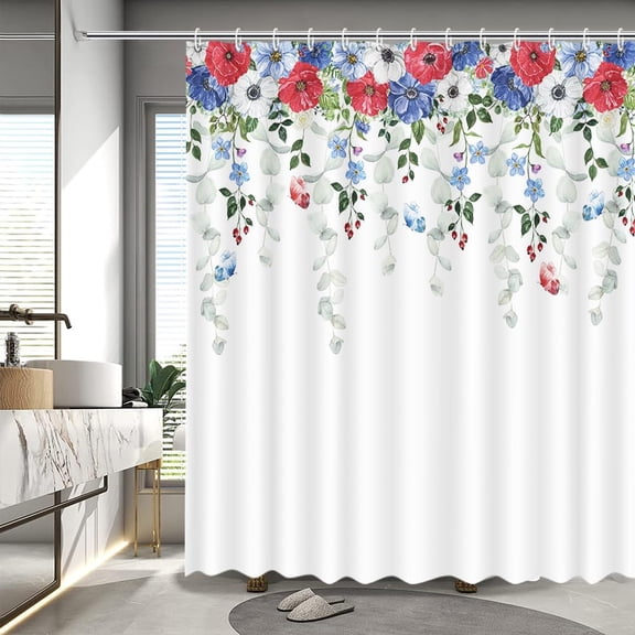 4th of July Shower Curtain Red White and Blue Flowers Independence Day Shower Curtain of Bathroom Memorial Day Veterans Day Patriot Home Decor Fabric Waterproof Bath Curtain 72x72 in
