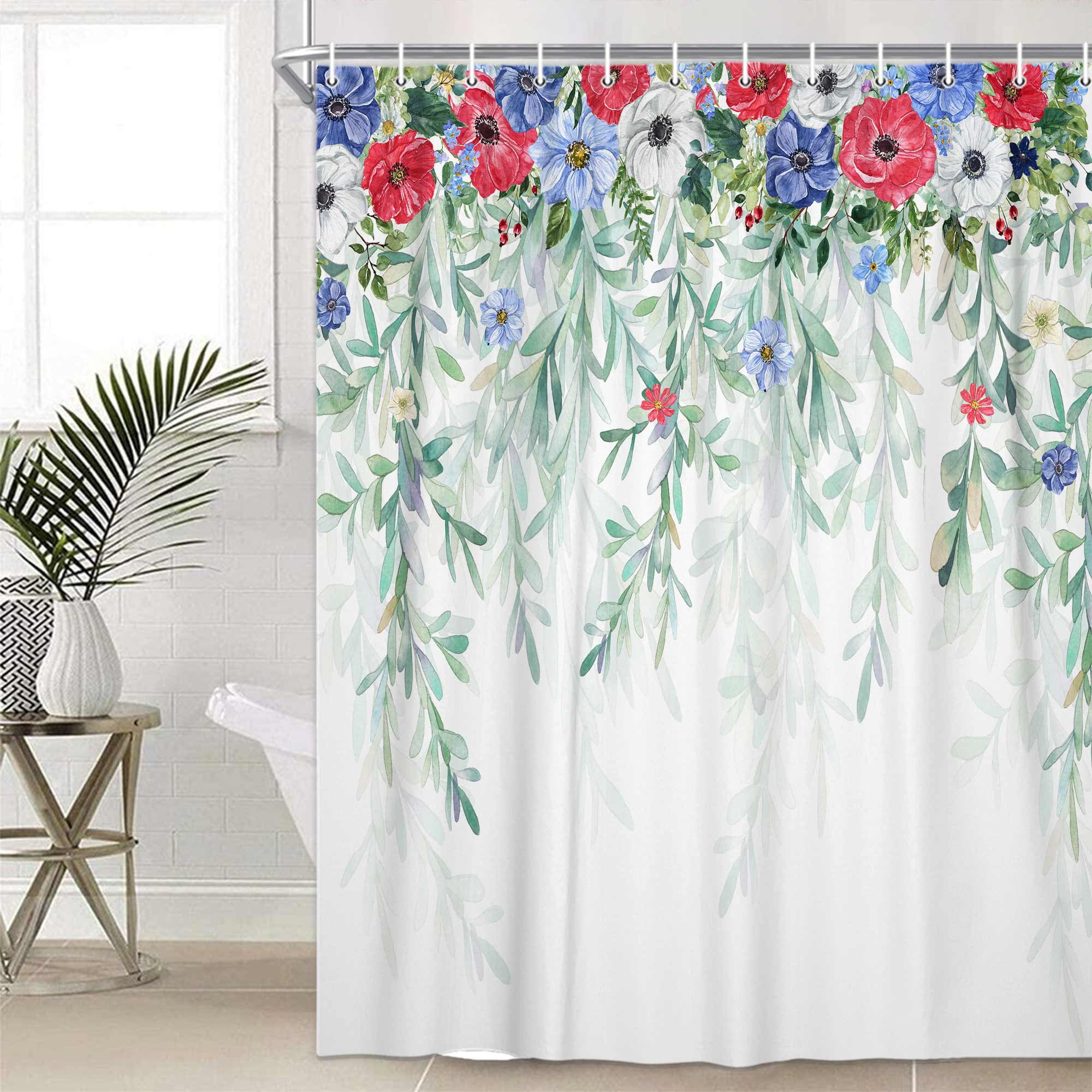 4th of July Shower Curtain, Red White and Blue Flowers Sage Eucalyptus Patriotic Leaves Independence Bath Curtain, Memorial Veterans Fabric Waterproof Home Decor Shower Curtain Set with Hooks, 72X72in