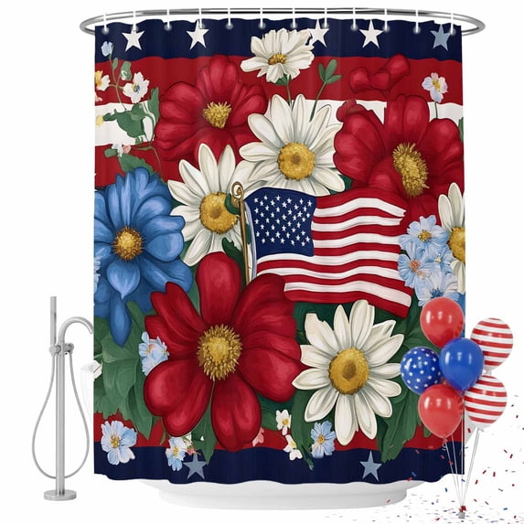 4th of July Shower Curtain Red White and Blue Poppy Bathroom Curtains ...