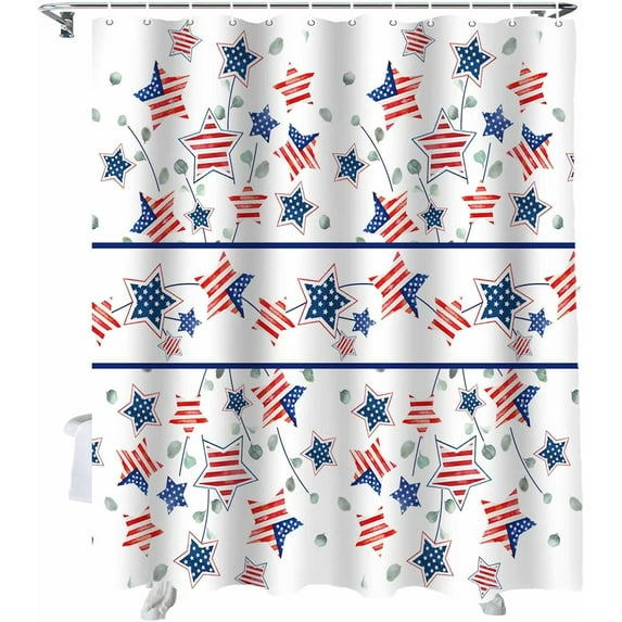 4th of July Shower Curtain Star American Flag Patriotic Shower Curtains for Bathroom Decor Independence Day Eucalyptus Leaves Liberty Bath Curtains Sets with Hooks Waterproof 72" x 72"