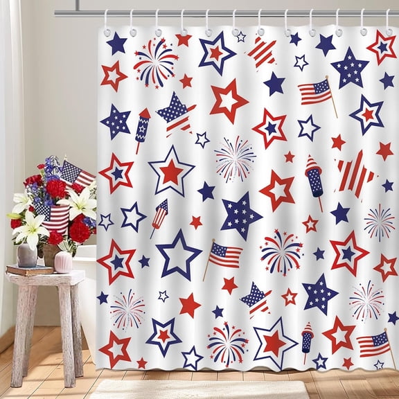 4th of July Shower Curtain USA Flag Independence Day Patriotic Star Bathroom Shower Curtain 4th of July Waterproof Fabric Shower Curtains Bathtub Decor with 12 Hooks 72 X 72 Inch