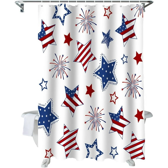 4th of July Shower Curtain USA Flag Shower Curtains for Bathroom Decor Independence Day Fireworks Patriotic Star Red White and Blue Bath Curtains Sets with Hooks Waterproof Small Stall 36"x72"