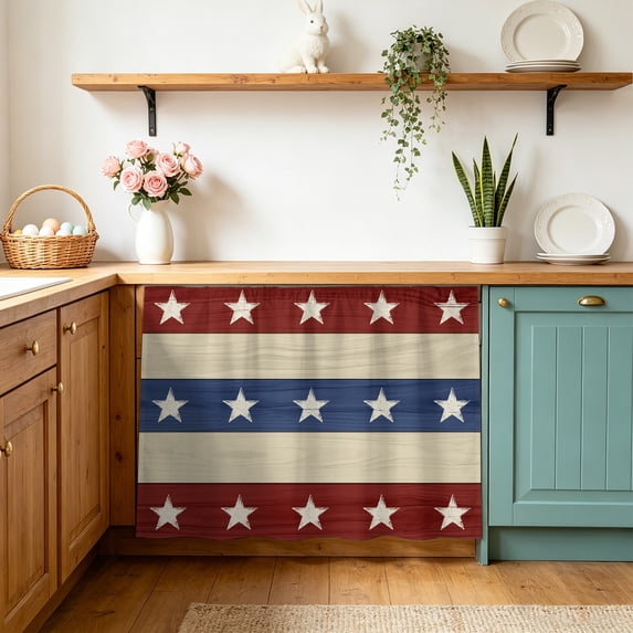 4th of July Sink Skirt 11"Wx13"L,Dustproof Under Sink Curtain with Self Adhesive Tape,Blue Red Star Striped Independence Day Cabinet Curtain Cover for Bathroom Vanity,RV,Kitchen Cabinet Storage Shelf